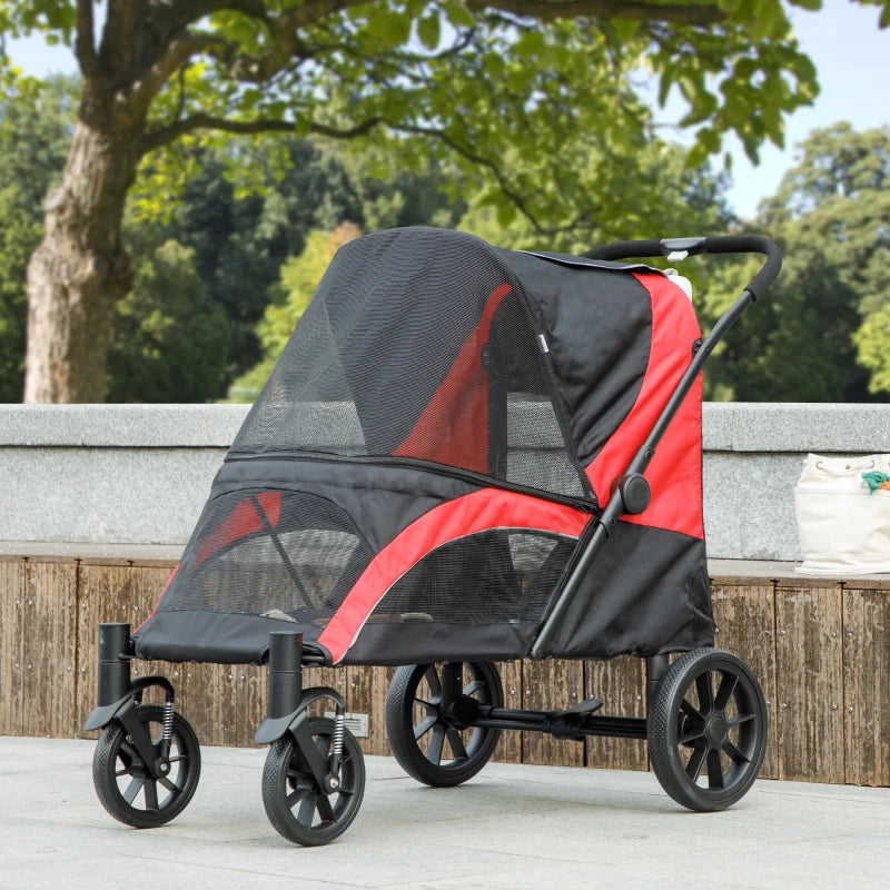 Foldable Pet Stroller for Large Dogs with Four Big Wheels, Shock-Absorbing Frame, Safety Leashes, Brakes, Black