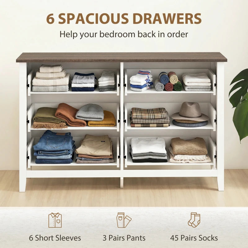 HOMCOM Wide 6 Drawer Dresser for Bedroom, Modern Storage Chest with Wood Top for Living Room, Closet & Entryway