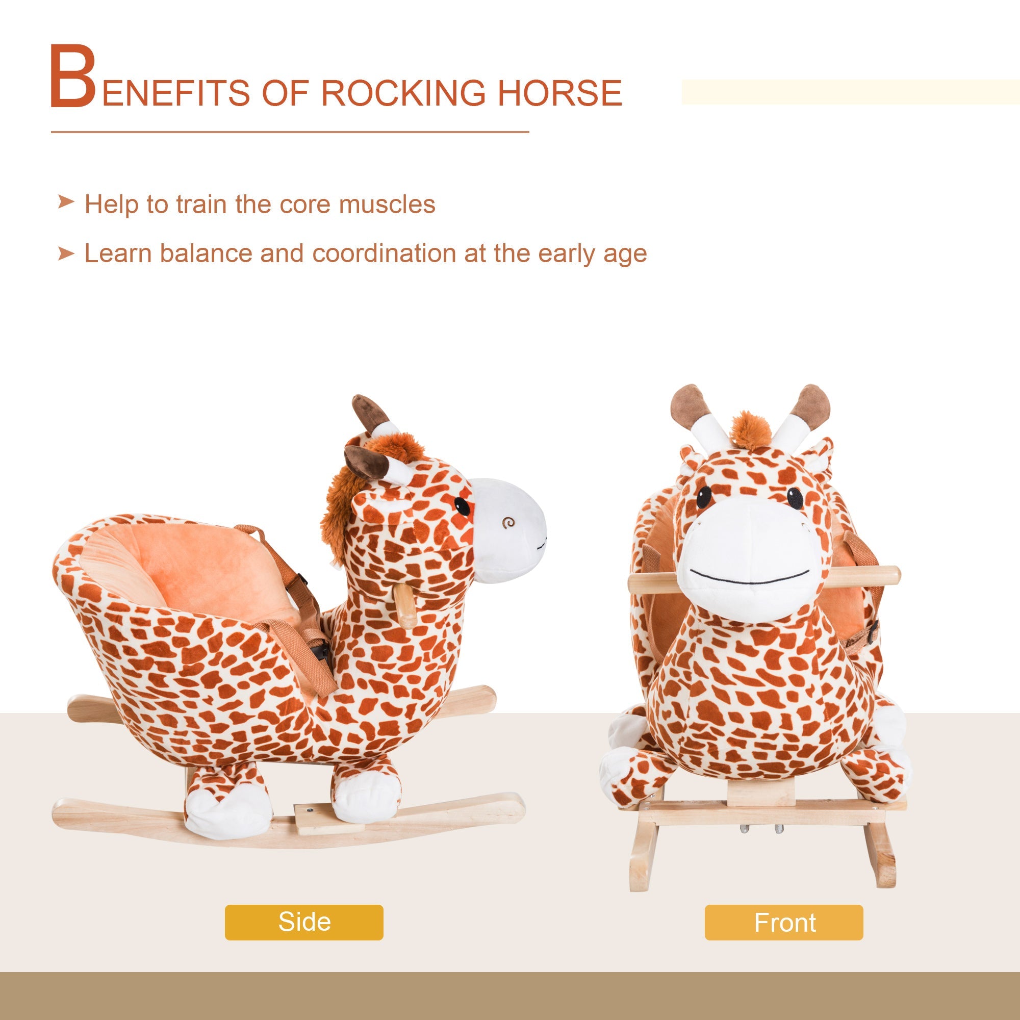 Qaba Plush Rocking Horse Ride-On Toy Toddlers Sound Safety Belt Giraffe Theme Musical Rocker Kids Playtime 