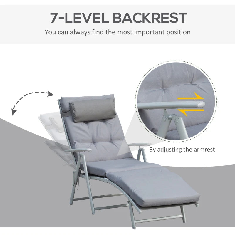 Outdoor Folding Chaise Lounge Chair Recliner with Portable Design, Adjustable Backrest, Cushion and Headrest, Grey