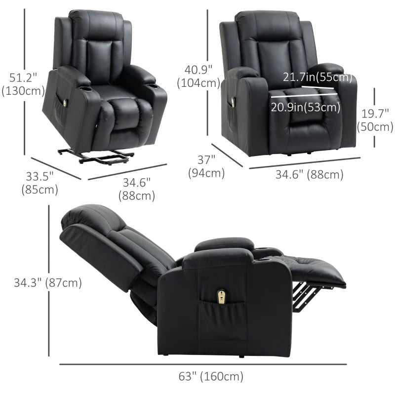 Power Lift Recliner Chair for Elderly, PU Leather Electric Recliner Chair with Footrest, Remote Control, Side Pockets and Cup Holders for Living Room, Black
