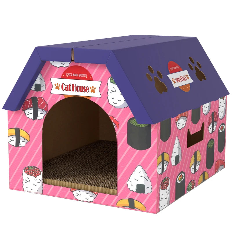 Cat Scratcher House, 2-in-1 Cardboard Cat Scratching Pad with Door, 4 Paw-Shaped Vents and Grass for Indoor, Pink