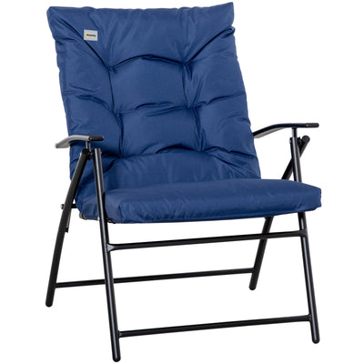 Outsunny Foldable Lounge Chair Fabric Upholstered Recliner Blue Outdoor Lounger with Armrest Metal Frame Camping Beach Chair 