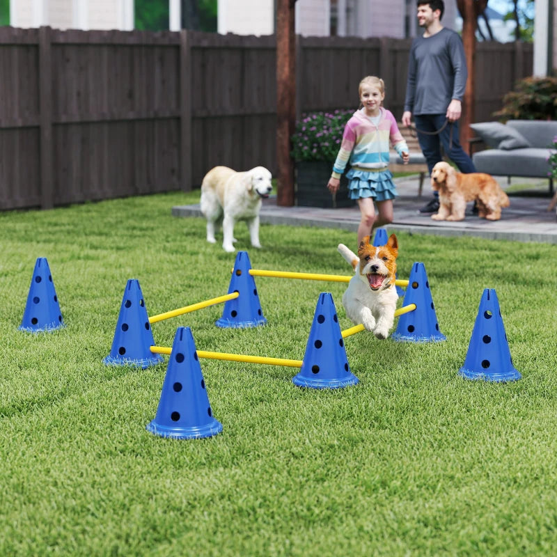Dog Agility Hurdle Cone Set, Adjustable Obstacle Course Equipment with 8 Cones & 8 Poles, Carry Bag, Blue