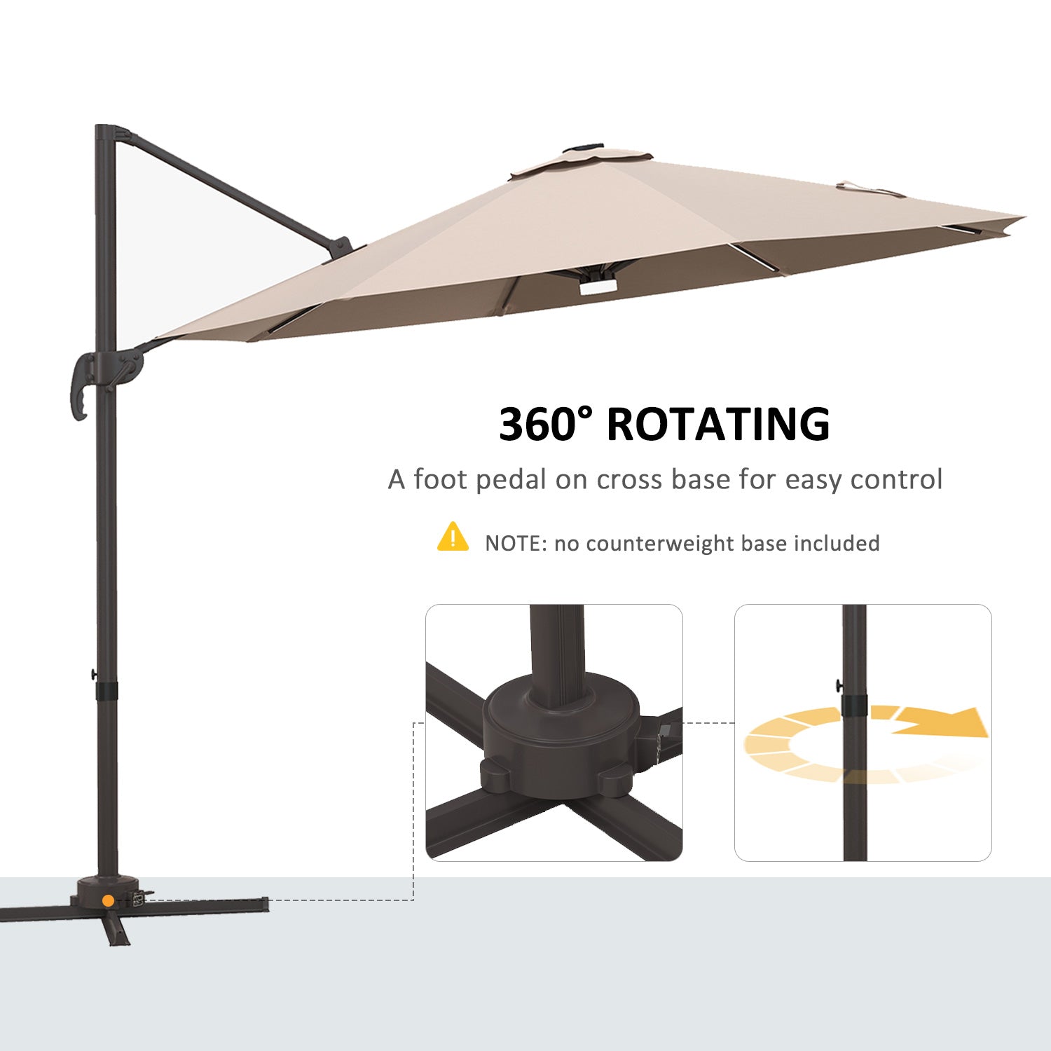 Outsunny 10ft Offset LED Patio Umbrella: Cantilever Parasol with 360° Rotation, Cross Base for Outdoor Deck & Beach, Khaki 