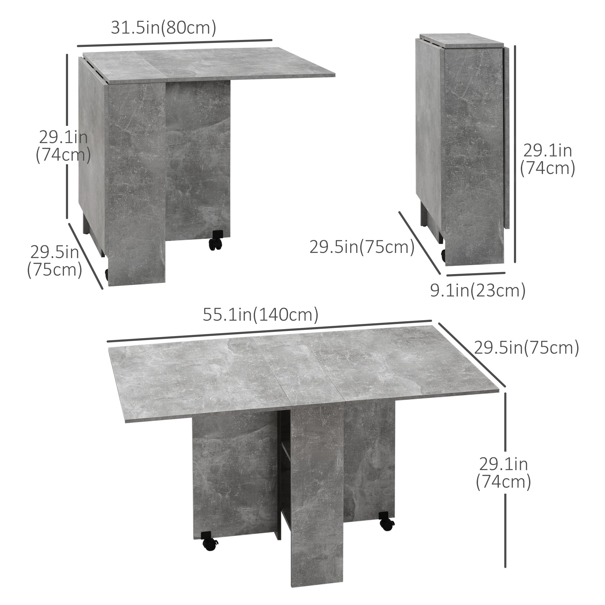 HOMCOM Folding Dining Table Extendable Movable Drop Leaf with Shelves Casters Grey for Compact Spaces 