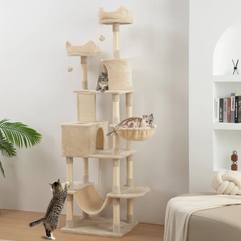 81" Large Cat Tree w/ Scratching Posts, Condos, Beds, Hammocks, Jumping Platforms, Toy Balls, Rope Cat Toy, Beige