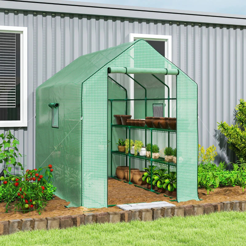 Walk-in Greenhouse with 3 Tier, Garden Plant Growhouse with Roll-up Door and Mesh Windows, 140 x 213 x 190 cm, Green