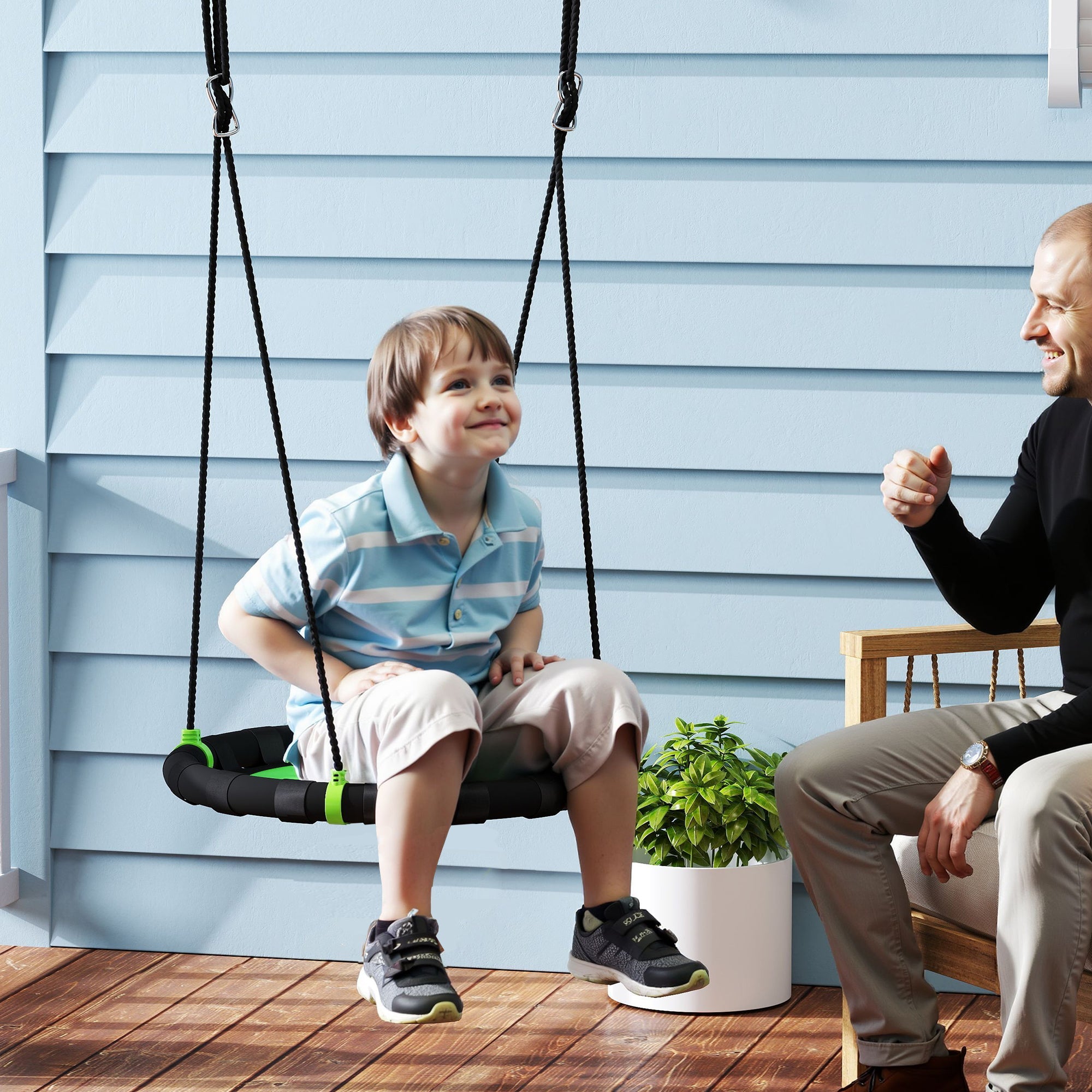 Qaba 24 inch Saucer Tree Swing Set for Kids with Adjustable Hanging Ropes for Outdoor, Backyard, Green 