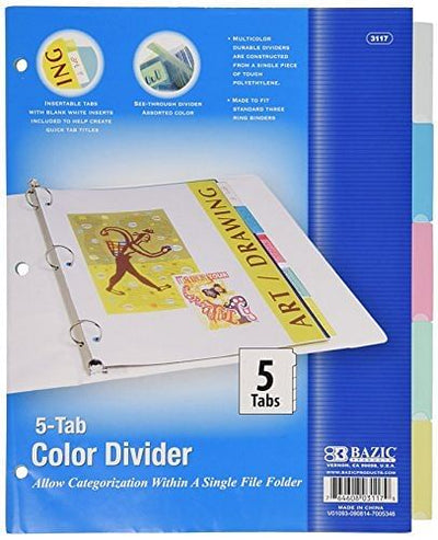 3-Ring Dividers 5 Insertable Color Tabs - Free Shipping 