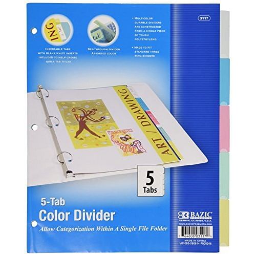 3-Ring Dividers 5 Insertable Color Tabs - Free Shipping