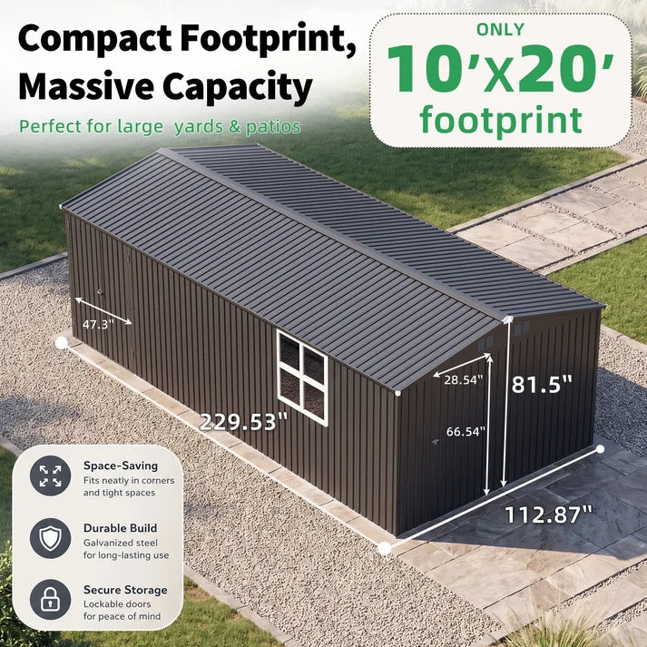 YODOLLA 10' x 20' Outdoor Storage Shed, Large Metal Garden Shed with Windows & Double Doors