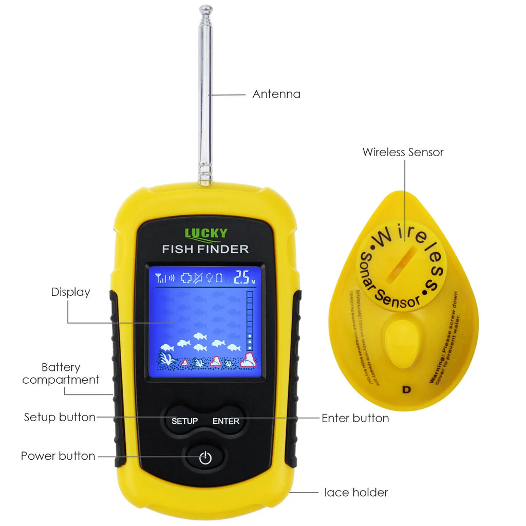 FFCW-1108-1 Wireless Fish Finder Sonar, 393 ft Wireless Range, 147 ft Depth Detection, 2" TN Anti-UV LCD Display