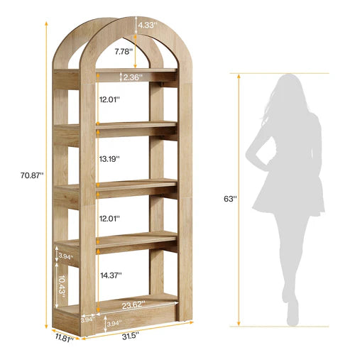 5-Tier Bookshelf 70.87" Bookcase Display Shelf Arch-Shape Teak