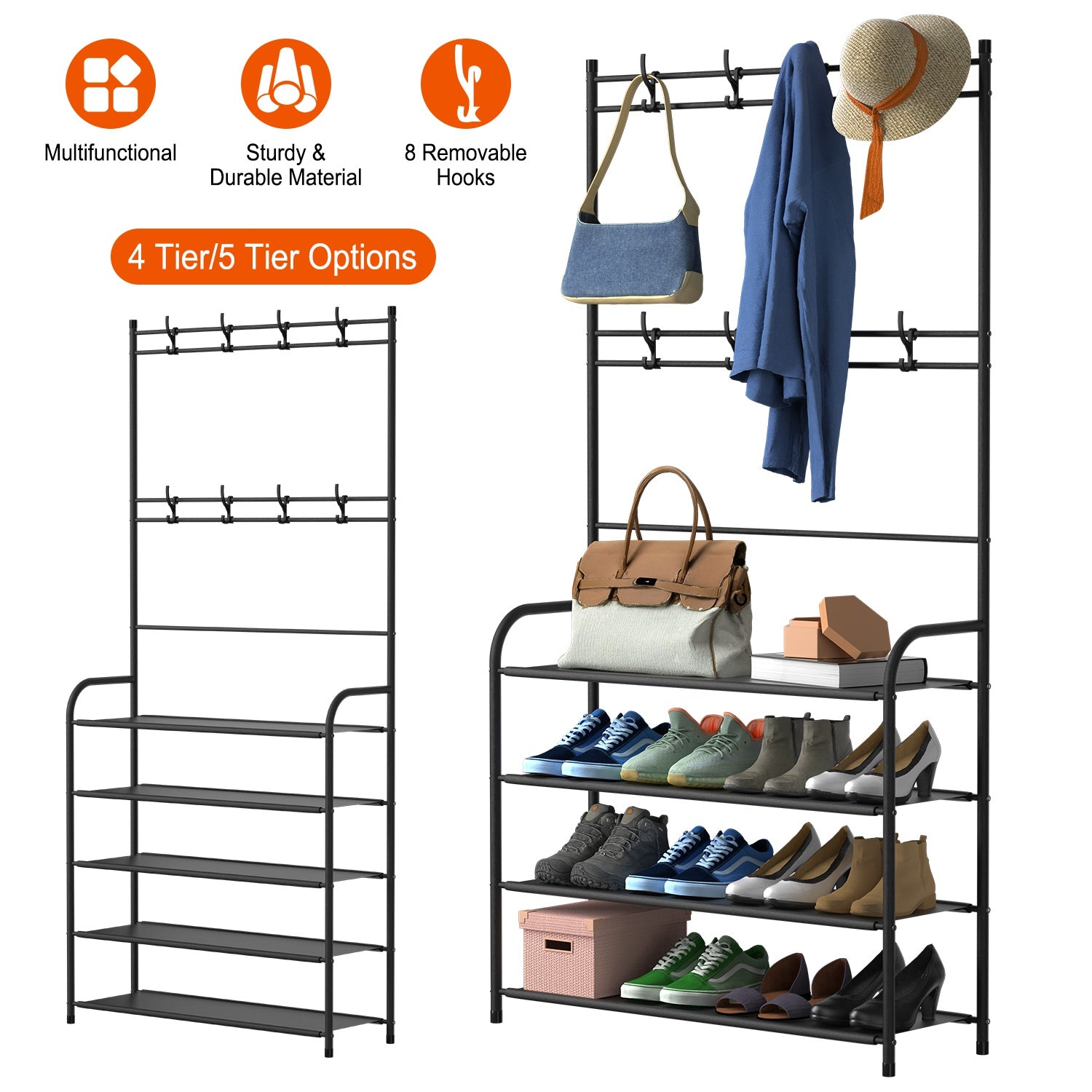 Entryway Coat Hat Rack Shoe Storage Shelf 4 Tier Shoe Rack Freestanding Hall Tree Garment Hanger Stand Clothes Shoe Organizer Combo 