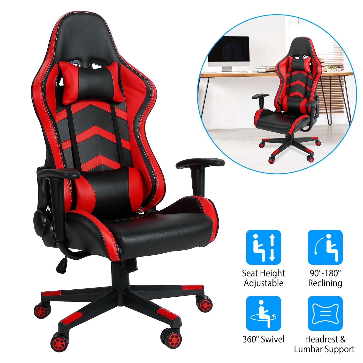 Gaming Racing Chair Ergonomic PC Computer Chair E-Sports Gamer Office Task Swivel Chair w/ Height Adjustment Headrest Lumbar Support 265lbs Load Capac