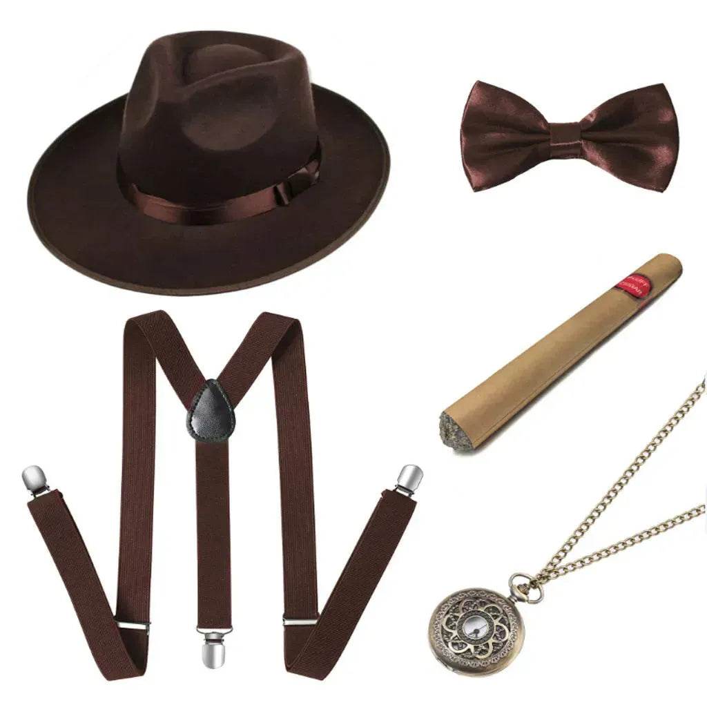Party Men's Top Hat Pipe Pocket Watch Strap Tie Fake Cigar Set 