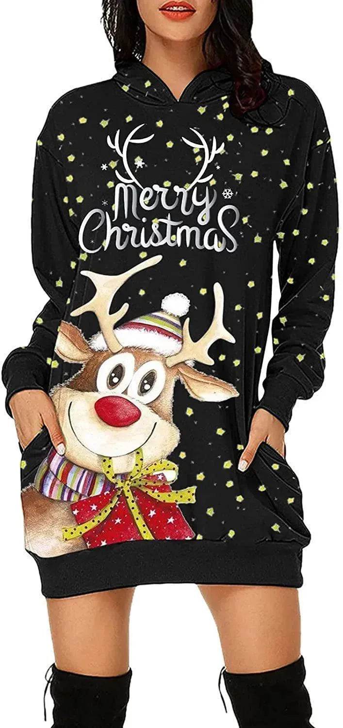 Women's Long-sleeved Christmas Hoodie Sweatshirt Dress Winter 