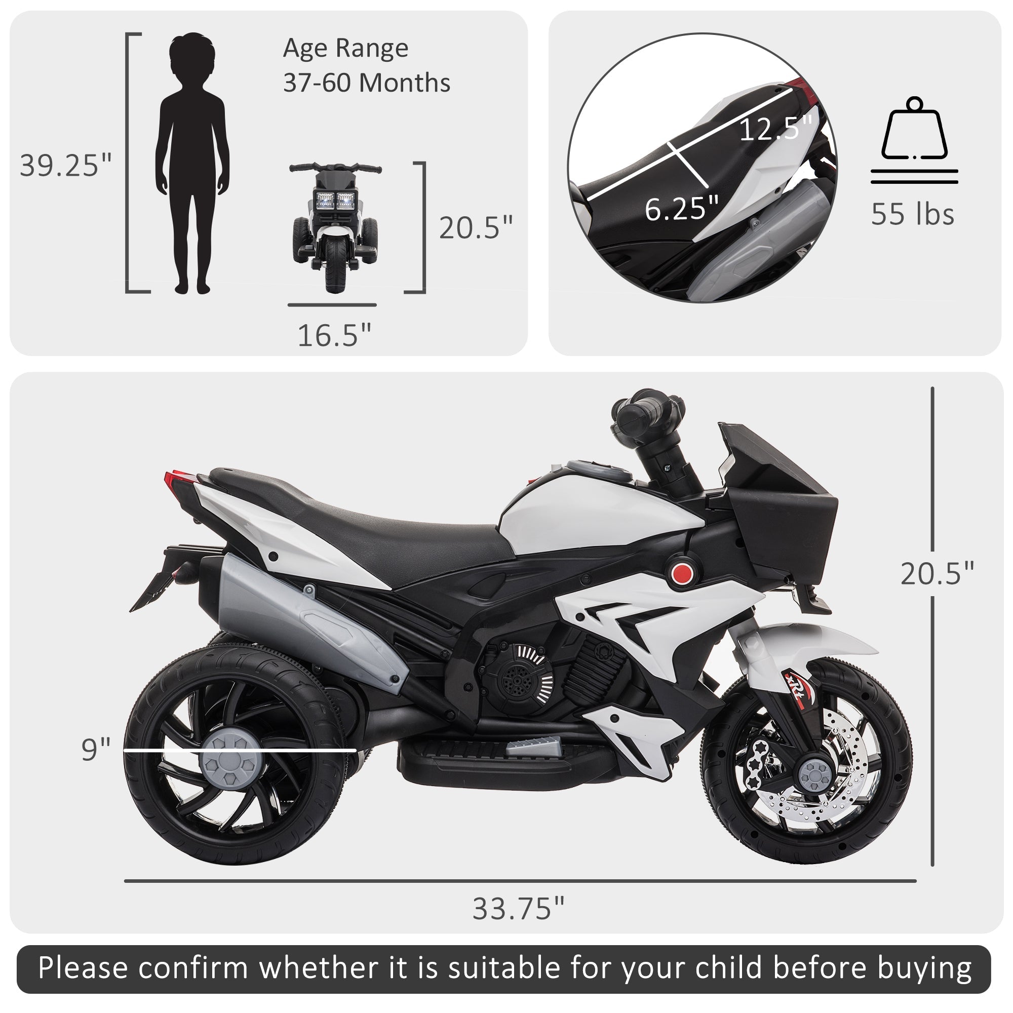 Aosom Kids Electric Pedal Motorcycle Ride-On Toy 6V Battery Powered with Music Horn Headlights for Boys and Girls White 