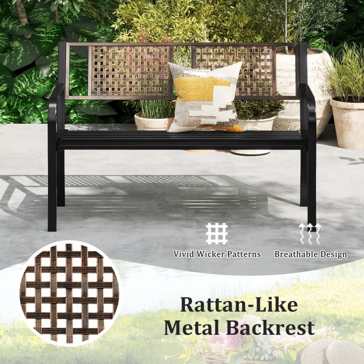 50 Inch Outdoor Metal Garden Bench with Rattan-Like Backrest for 2-3 People-Black