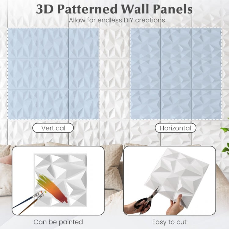 50-Pack 3D Wall Panels PVC Interior Wall Decoration with Diamond Accent-White
