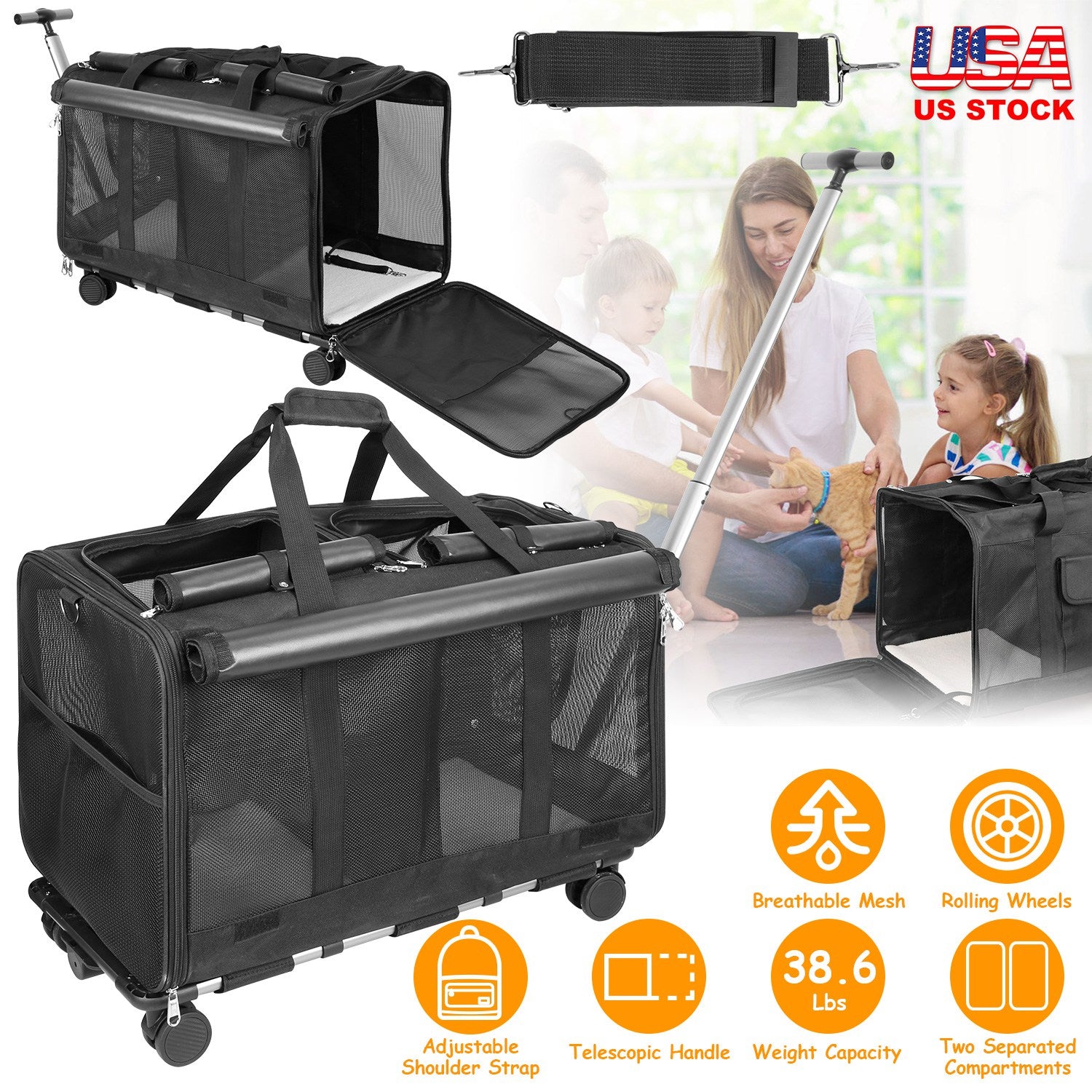 Double-Compartment Pet Rolling Carrier Cat Dog Rolling Carrier with Detachable Wheels Telescopic Handle Adjustable Shoulder Strap