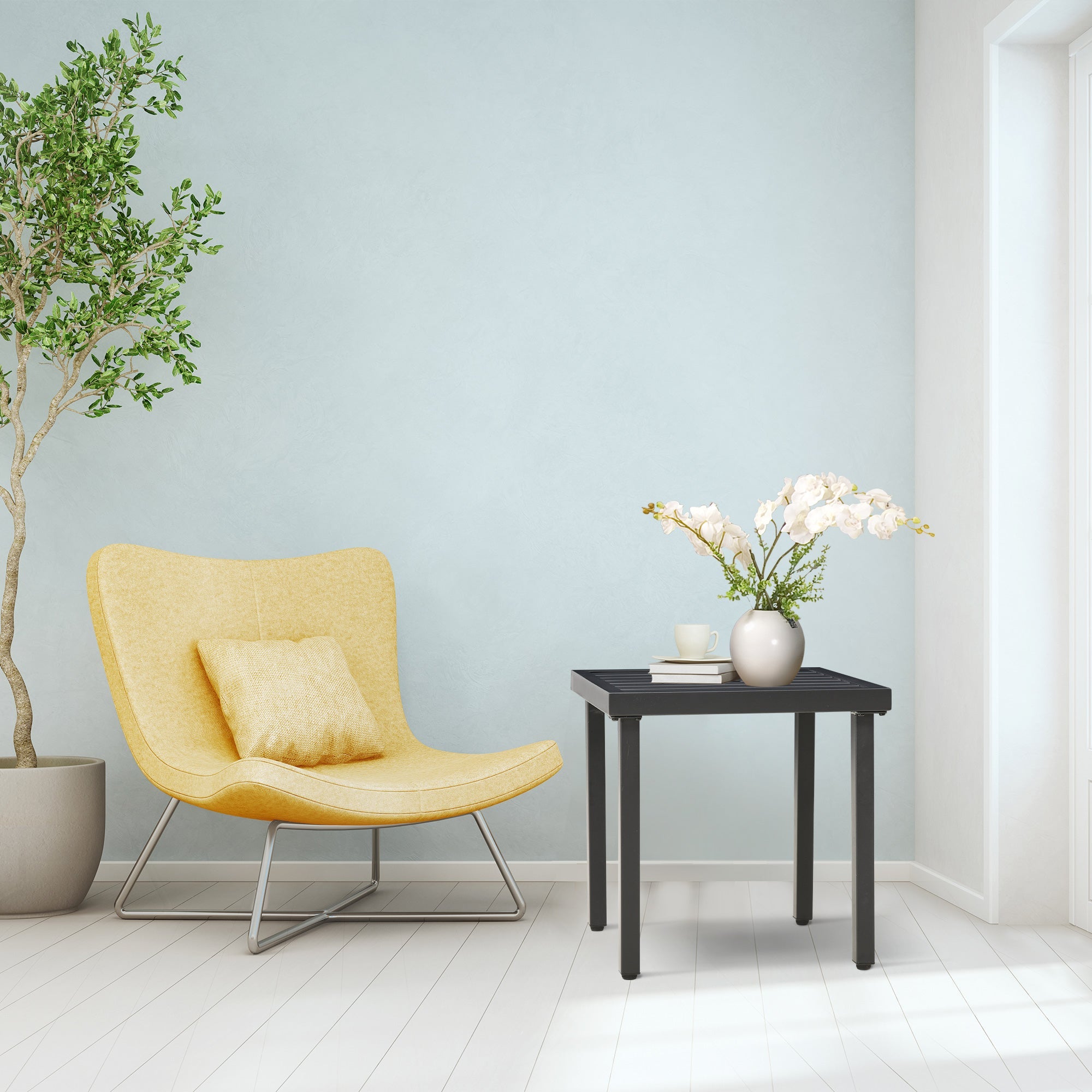 Outsunny Patio Side Table with Umbrella Hole Steel Frame Small Coffee Table Black 