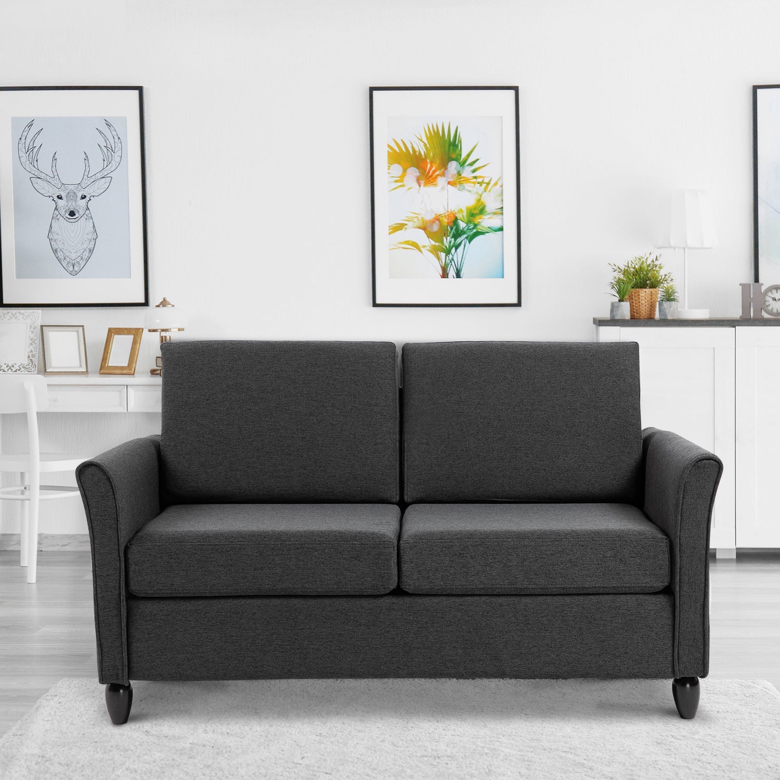 HOMCOM 55" Upholstered Double Sofa: With Armrest, Sturdy Wood Legs for Living Room Furniture, Dark Grey 