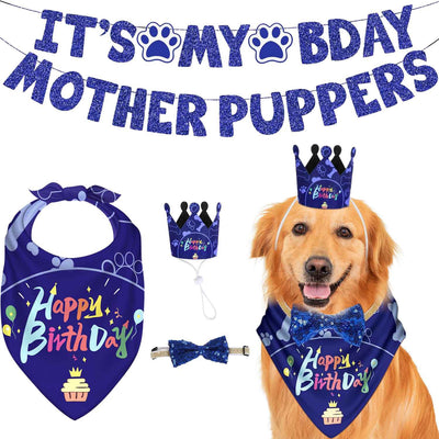 Dog Birthday Bandana Hat Set Dog Birthday Party Supplies Cute Dog Birthday Banner Decoration with Hat Bandana Bowtie 