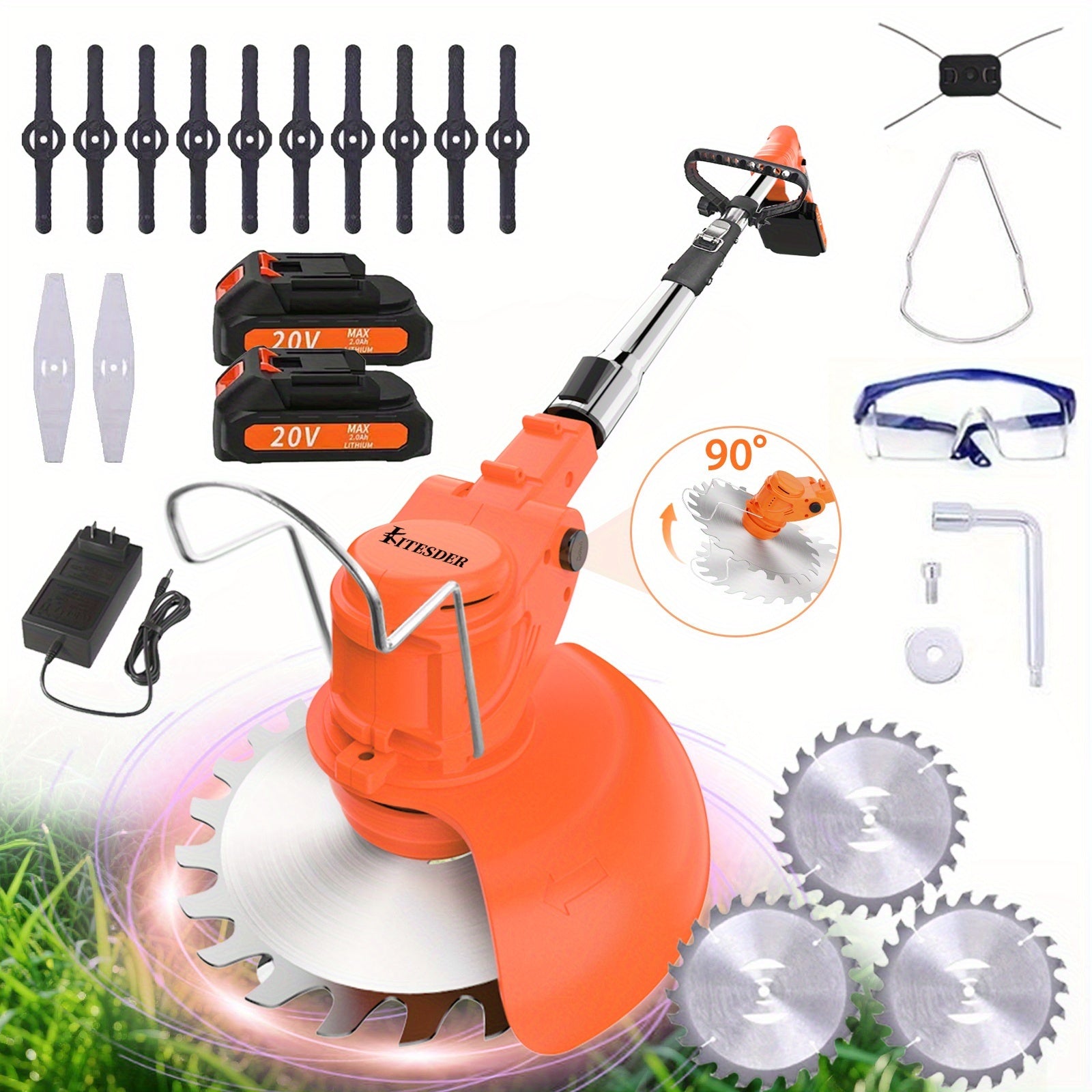 Portable Cordless Electric Lawn Mower, Grass Trimmer Handheld Weeder with 4 Different Blade Models and Two Large Capacity Lithium Batteries, Suitable for Outdoor and Patio Use, Includes Charger 