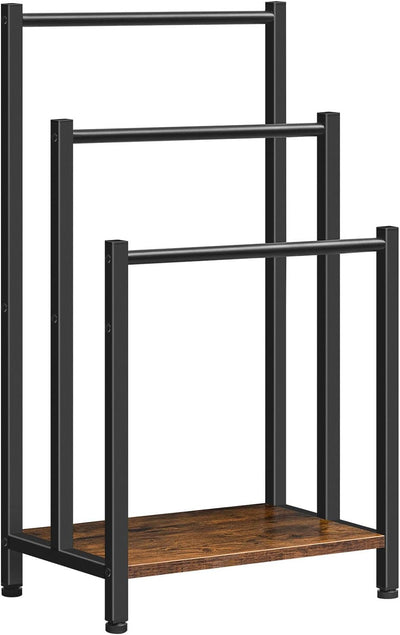 HOOBRO Freestanding Towel Rack, 3-Tier Metal Blanket Rack with Storage Shelf, Industrial Bathroom Towel Holder, Rustic Brown & Black