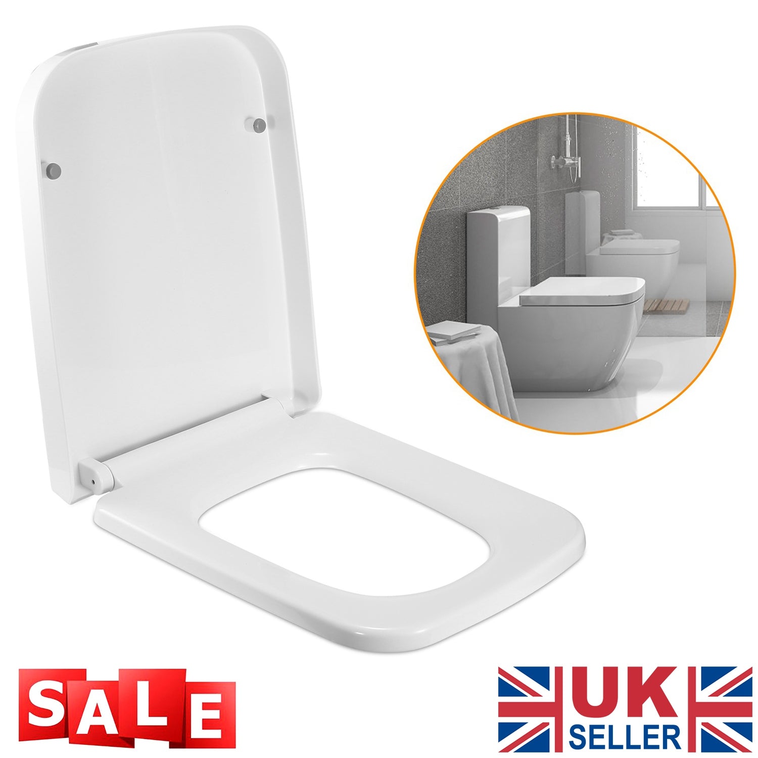 Square Toilet Seat with Grip-Tight Seat Bumpers Heavy-Duty Quiet-Close Quick-Release Easy Cleaning White UK 