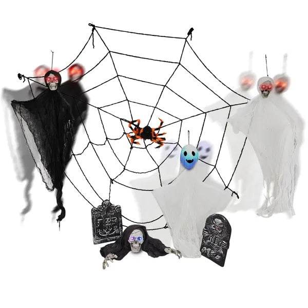 Outdoor Halloween Decorations 8-Piece Set, Hanging Ghosts Decor And Cobweb And Gravestone With Lighted Up Eyes, Scary Swinging Ghost Flying For Yard Patio Lawn Garden 