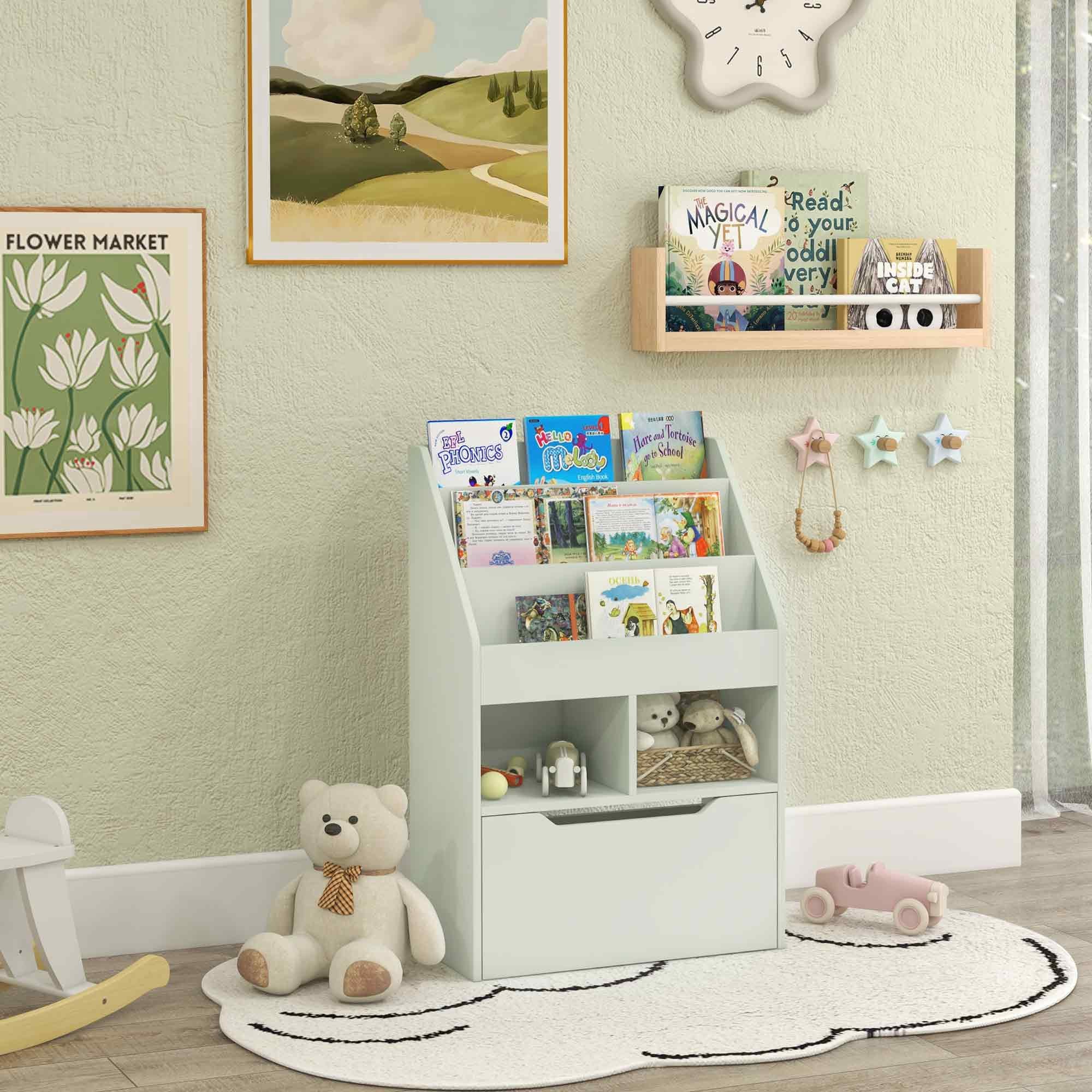 HOMCOM Kids Bookcase with Storage Drawer for Books, Reading Nook, for Classroom, Bedroom, Playroom, Green 