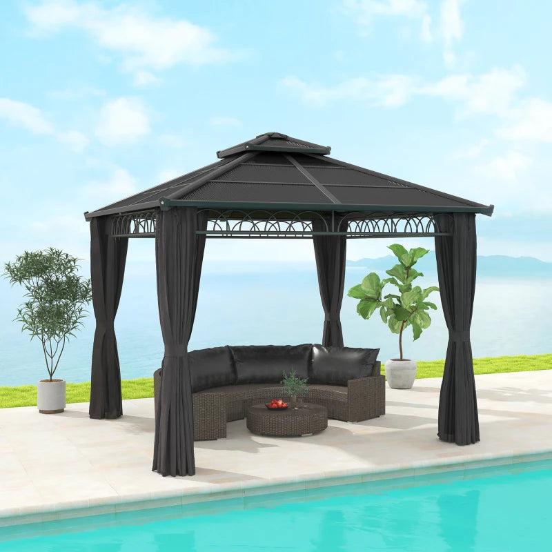9' x 10' Outdoor Hardtop Gazebo Canopy w/ Double PC Roof, Steel Frame, Nettings, Curtains for Garden Lawn Deck, Black