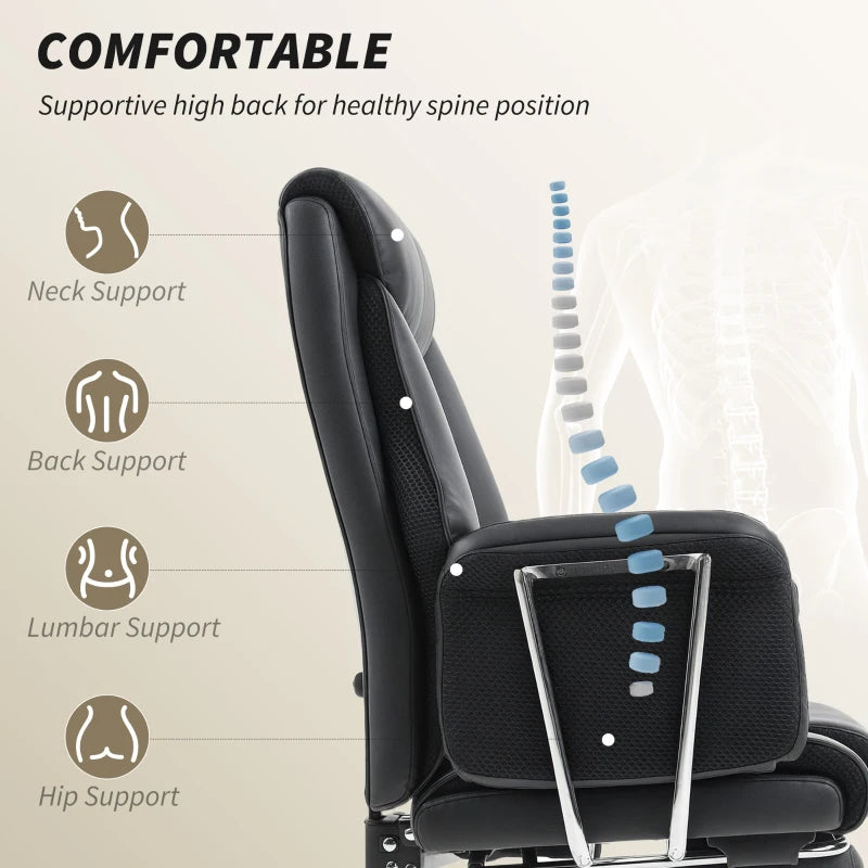 Reclining Office Chair, Overstuffed Executive Desk Chair with High Back, PU Leather, Footrest, Swivel Wheels, Black