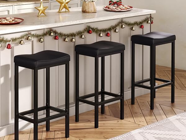 HOOBRO Bar Stools Set of 2, Counter Height Saddle Bar Chairs with PU Leather Cushioned Seats, Black