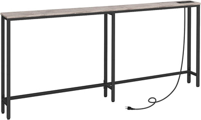 HOOBRO 180 cm Skinny Console Table with Charging Station, Narrow Sofa Table with Power Outlets, Slim Entryway Table, Greige & Black BG185UXG01G1