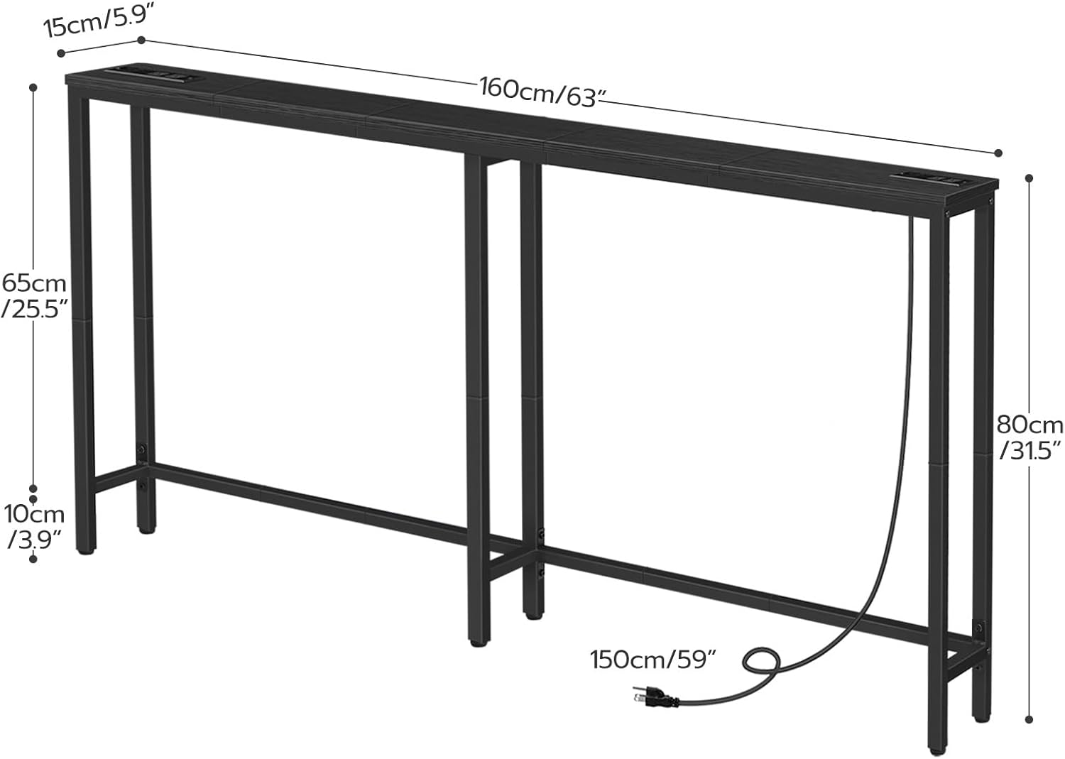 HOOBRO 63" Skinny Console Table with Charging Station, Power Outlets, USB & Type-C Ports, Black BB165UXG01G1
