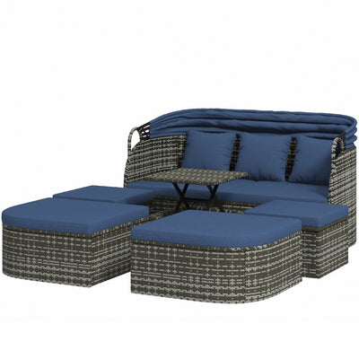 Outsunny 6-Piece Patio Set, PE Rattan Outdoor Daybed with Canopy and Lift up Coffee Table, Conversation Sofa Sets w/ Footstools 