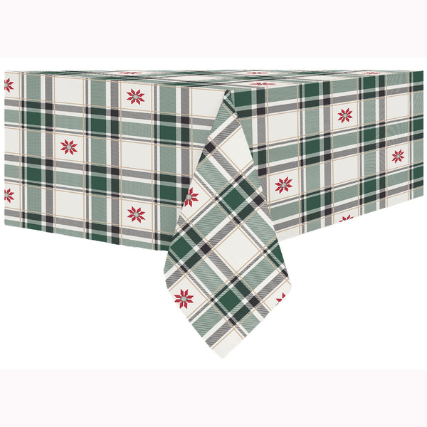 Christmas Tablecloth, 52 x 70 in, Green and Cream Plaid with Gold Foil Accents