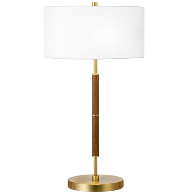 25" Gold and Oak Metal Two Light Table Lamp With White Drum Shade 