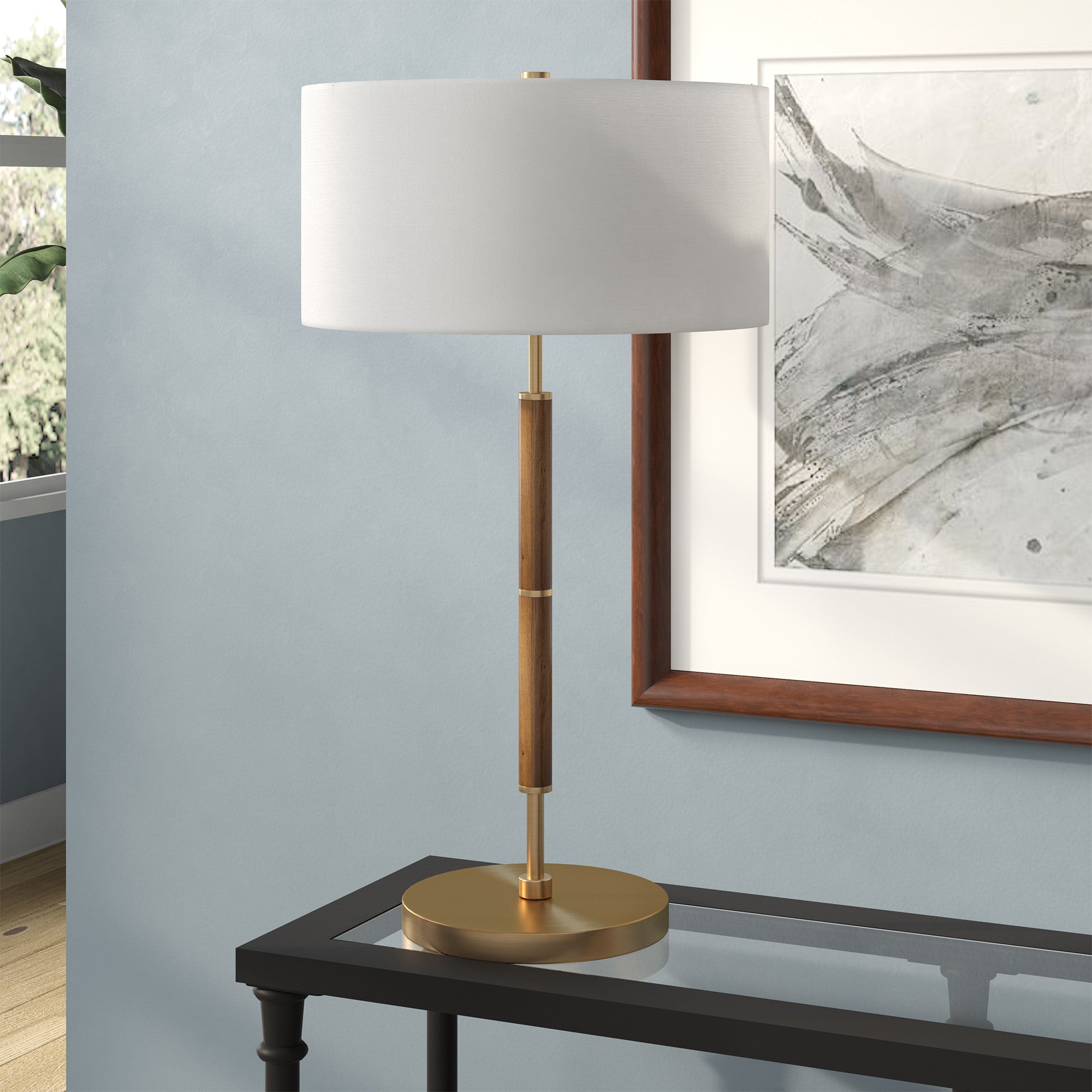 25" Gold and Oak Metal Two Light Table Lamp With White Drum Shade 