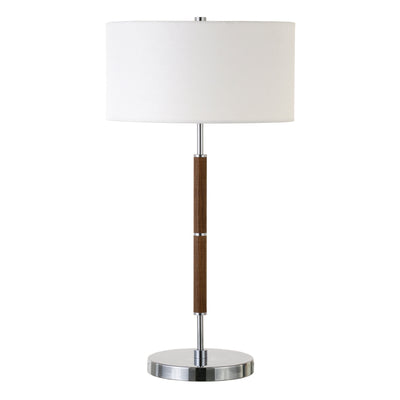 25" Silver and Oak Two Light Table Lamp With White Drum Shade 