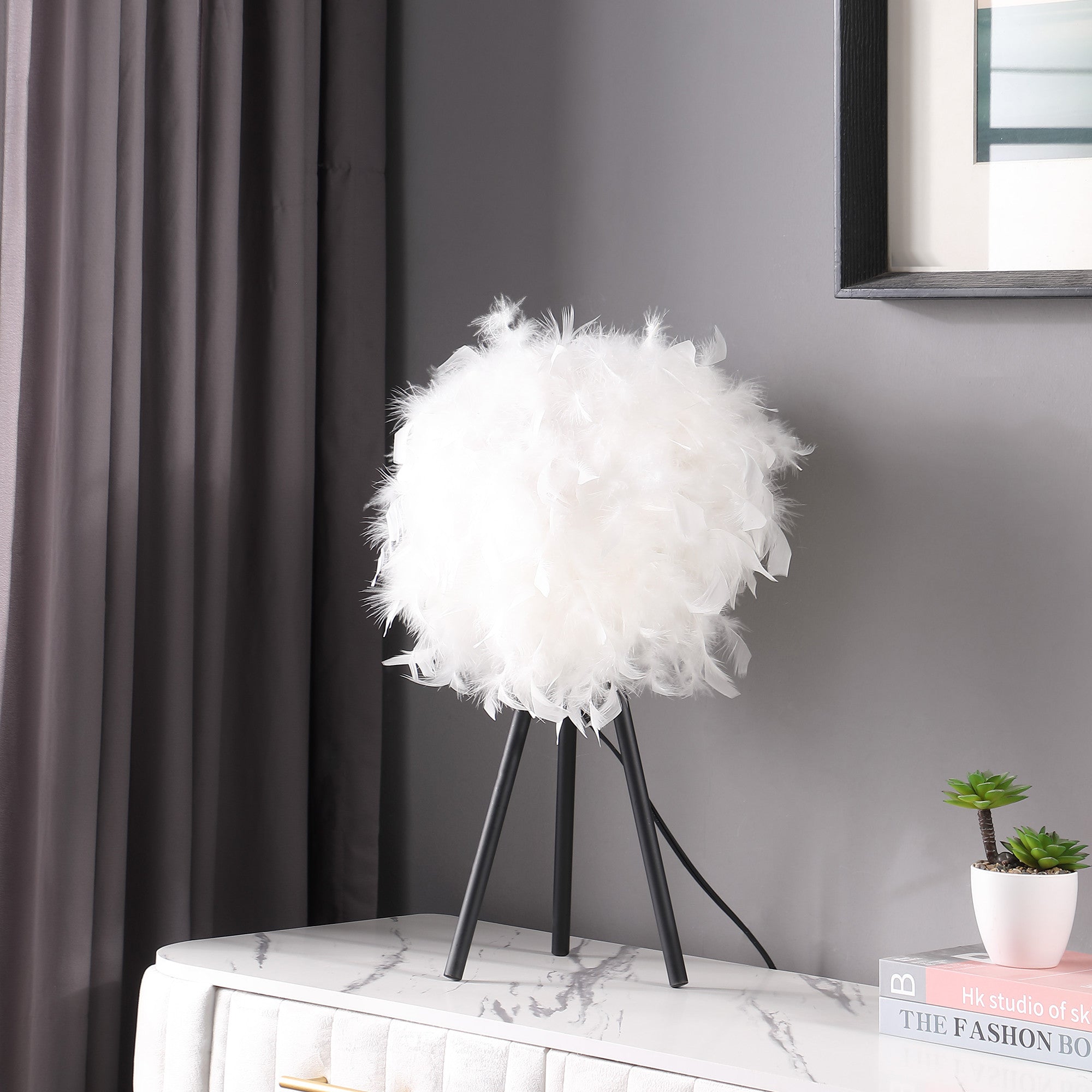 21" Black and White Faux Feather Tripod Table Lamp 