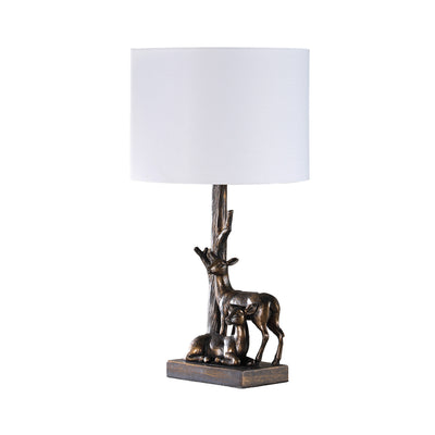 20" Bronze Mom and Baby Deer Table Lamp With White Drum Shade 