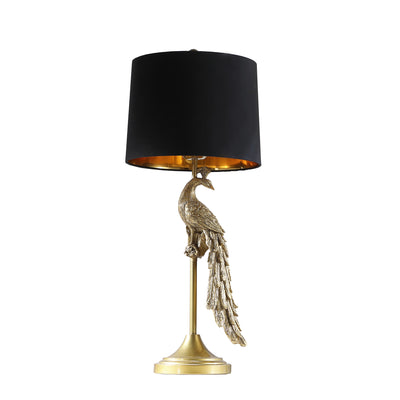 29" Gold Peacock Table Lamp With Black Drum Shade 