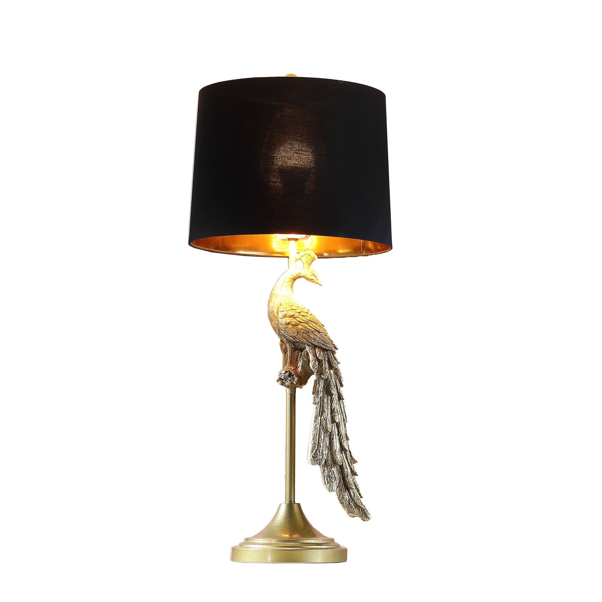 29" Gold Peacock Table Lamp With Black Drum Shade