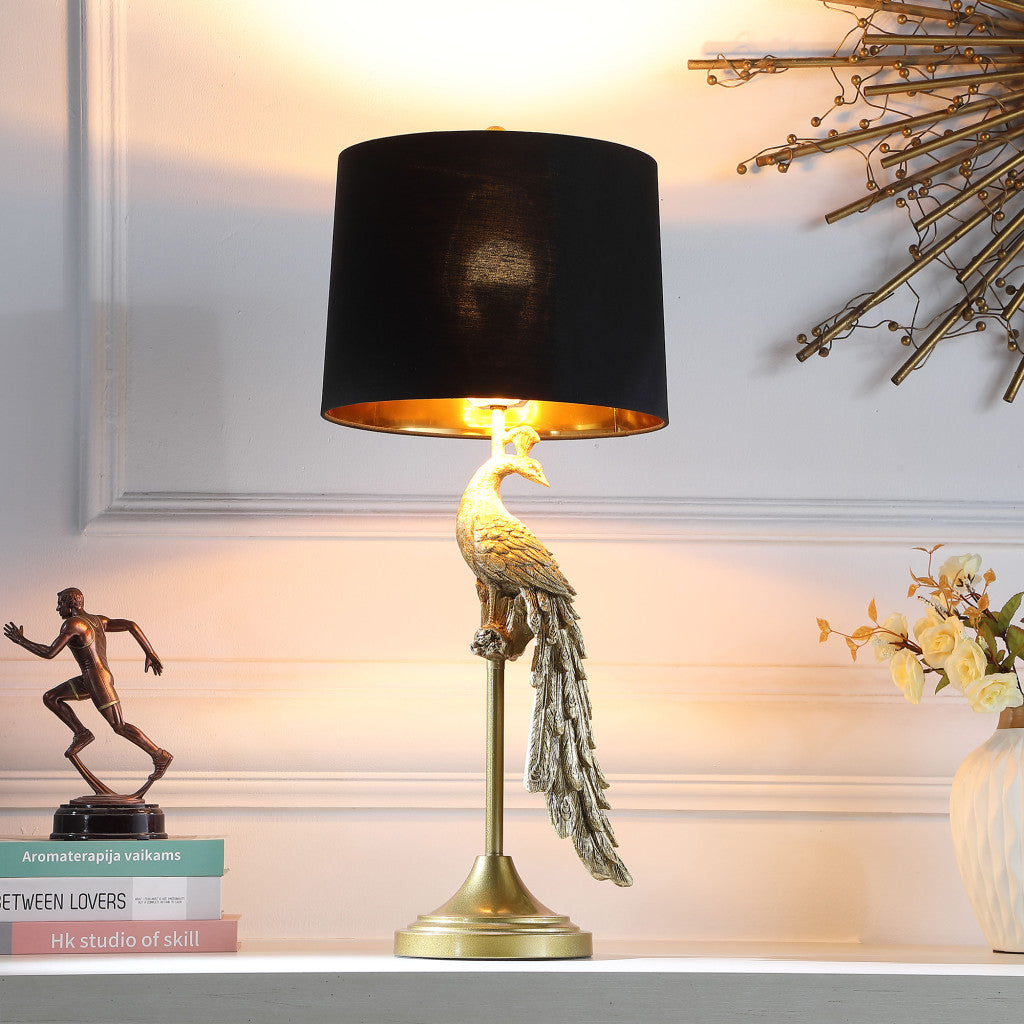 29" Gold Peacock Table Lamp With Black Drum Shade