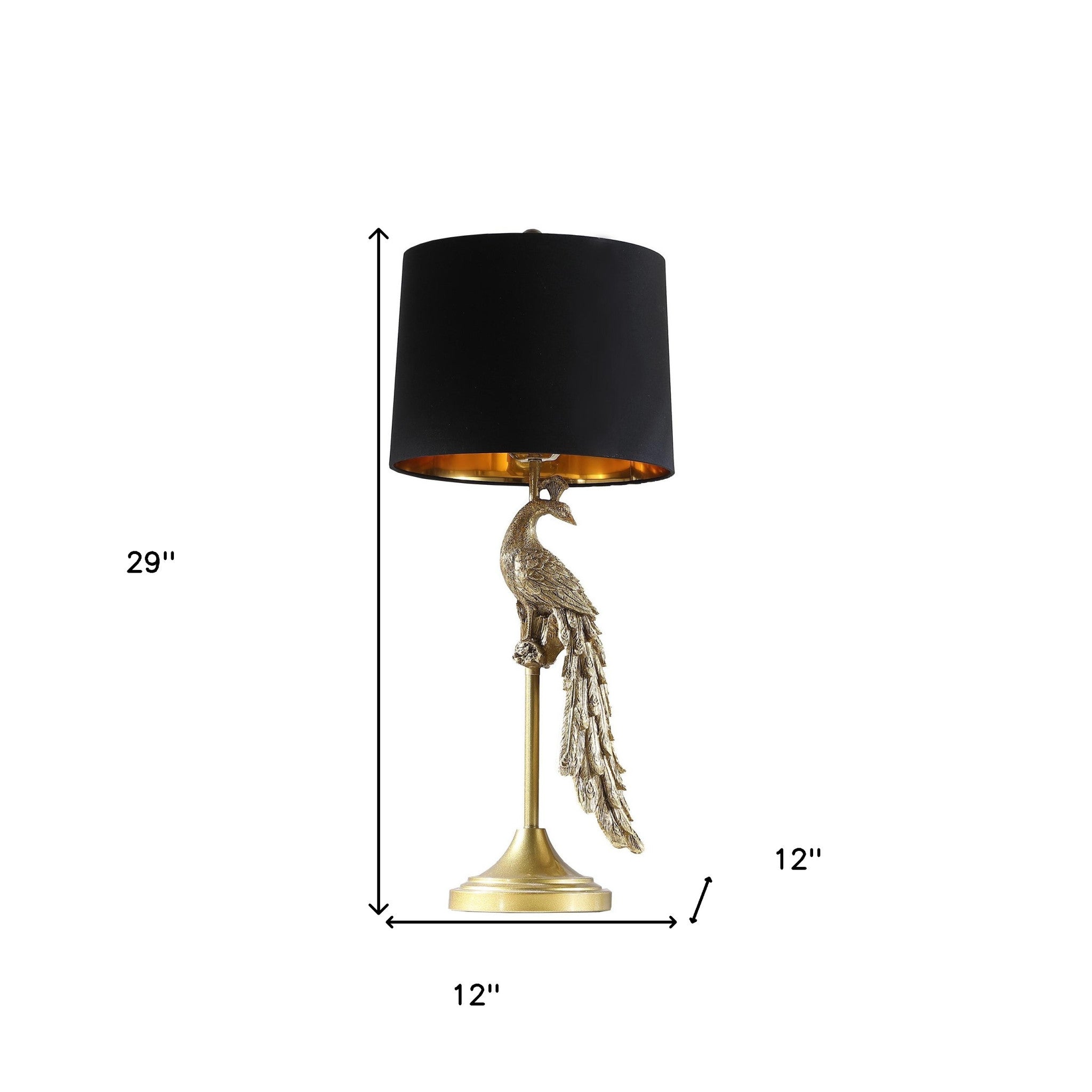 29" Gold Peacock Table Lamp With Black Drum Shade